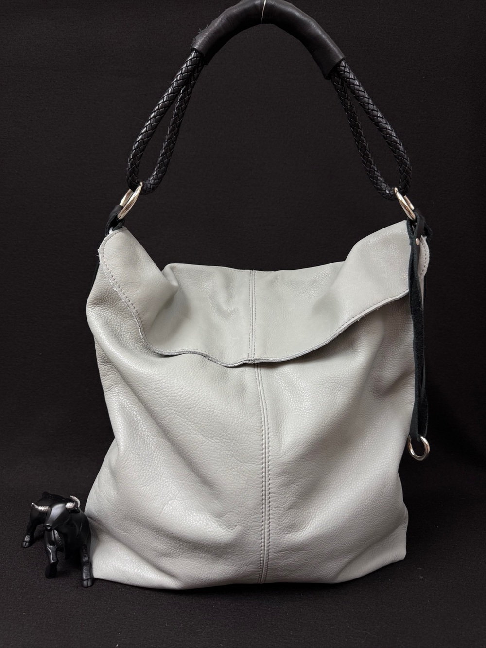 Henry Lou Light Gray Leather Hobo Bag with Braided Handle -
